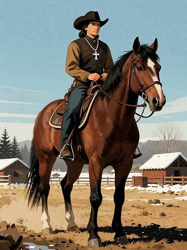 Wandering Horse Wrangler in Snowy Farm