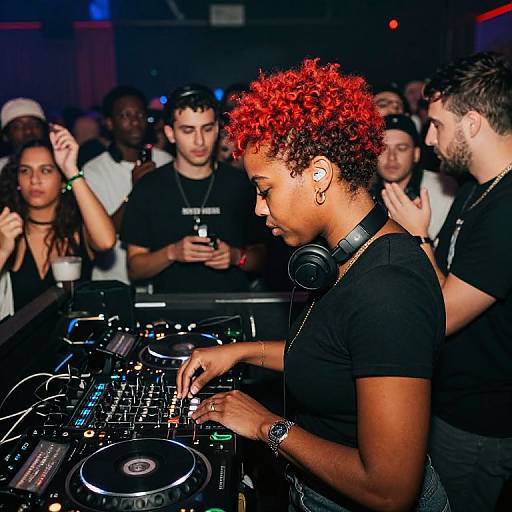 Photograph of a DJ with red curly hair, black shirt, and headphones, mixing music in a dimly lit club, surrounded by dancing, diverse