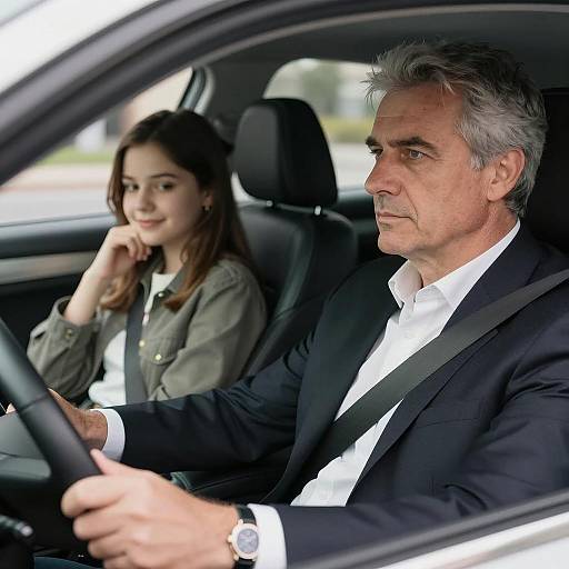 Man driving car with young woman passenger