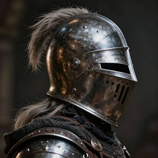 Photograph of a medieval knight's polished steel helmet with a tufted plume, reflecting light, black armored cloak, dark background.