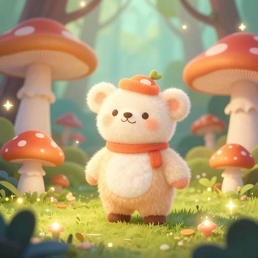 Cute, fluffy white bear with a red scarf and cherry hat stands in a magical forest with glowing mushrooms and sparkling lights. Digital illustration.