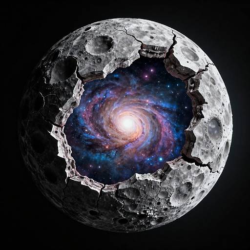 Photorealistic digital artwork of a cracked, cratered moon with a vibrant, swirling galaxy core at its center, set against a black space background.