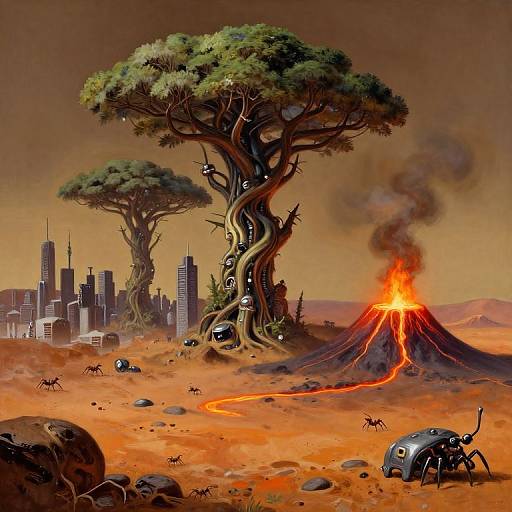 Surreal digital painting: twisted trees, erupting volcano, cityscape, alien robots, ants, and lava flows in a fiery, orange desert