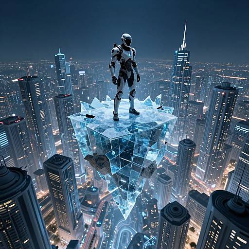 CGI image of a futuristic, armored figure standing on a glowing, geometric crystal platform above a brightly lit, nighttime cityscape.
