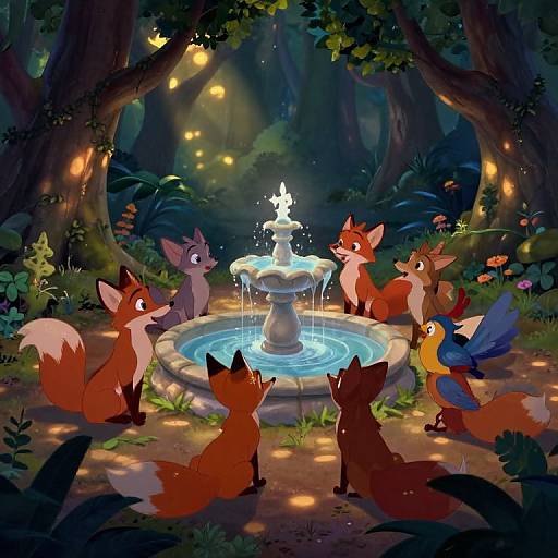 Animated forest scene: Red foxes and a blue butterfly gather around a glowing, illuminated fountain in a moonlit, magical forest.