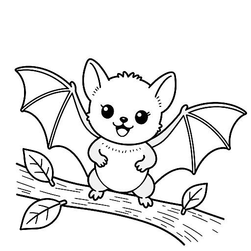 Cute black-and-white line drawing of a chibi-style bat with large eyes, small body, and outstretched wings, sitting on a branch
