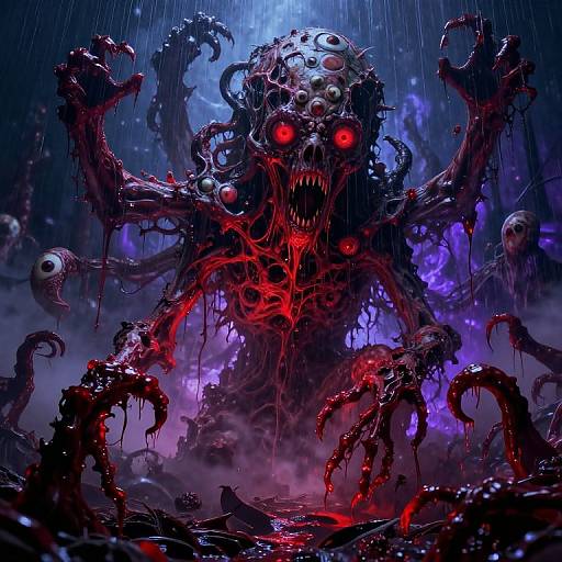 Digital horror artwork of a grotesque, tentacled monster with glowing red eyes, dripping red blood, and multiple eyes on its head, set against
