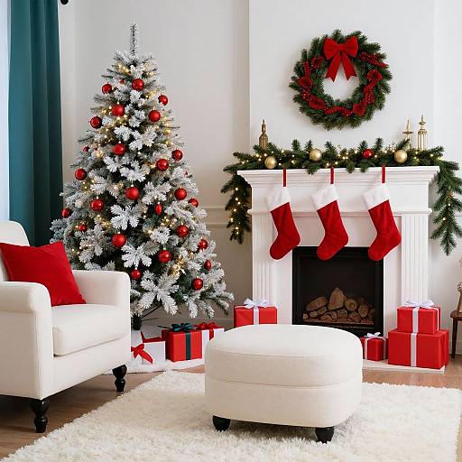 Photograph of a festive living room featuring a snow-covered Christmas tree, white armchair, white ottoman, white fireplace with red stockings, garland