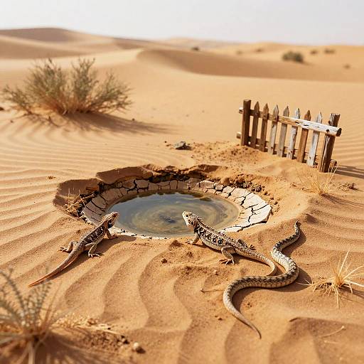 Photograph of a cracked desert oasis with a small, blue waterhole, surrounded by sandy ripples, a coiled snake, and a wooden fence