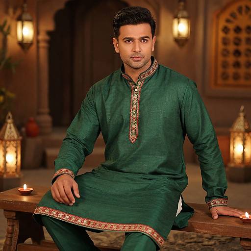 Photograph of a handsome South Asian man with short black hair, wearing a green traditional kurta with red and gold embroidery, sitting on a wooden bench