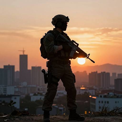Silhouetted soldier holding rifle against vibrant sunset, city skyline in background; photograph capturing dramatic contrast between dark figure and colorful sky.