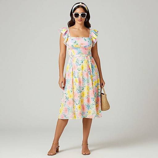 Photograph of a woman in a colorful, floral, knee-length dress with short sleeves, brown sandals, white headband, and sunglasses, holding a