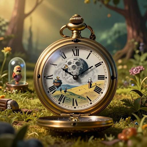 Digital artwork of a vintage pocket watch with a moon face, Roman numerals, and miniature figurines on a sunlit forest floor.