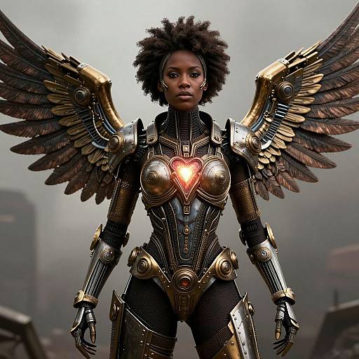 Digital art of a black woman with afro, cybernetic wings, and heart emblem chestplate, standing confidently in a foggy cityscape.