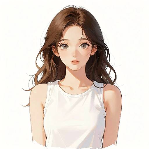 Digital anime-style portrait of a young woman with long brown hair, large gray eyes, and fair skin, wearing a simple white tank top, against a