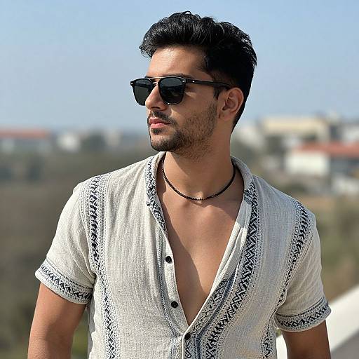Photograph of a handsome South Asian man with short black hair, stubble, black sunglasses, and a white, patterned, partially unbuttoned