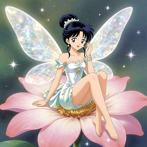 Digital anime-style drawing of a fairy with black hair, translucent wings, white off-shoulder dress, and pink flower background. She sits gracefully,