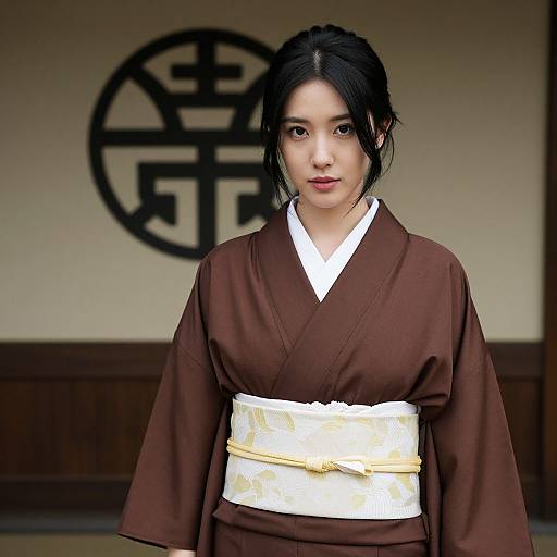 Photograph of an East Asian woman with black hair in a traditional brown kimono with white obi, standing in front of a beige wall with a