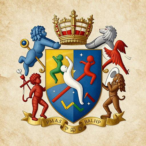 Colorful coat of arms with blue, red, green, and white silhouetted figures, a gold crown, and 