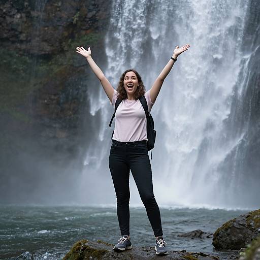 Excited Woman by Waterfall