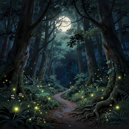 Mystical forest path at night, illuminated by glowing fireflies, surrounded by tall, shadowy trees, with a full moon shining through the canopy
