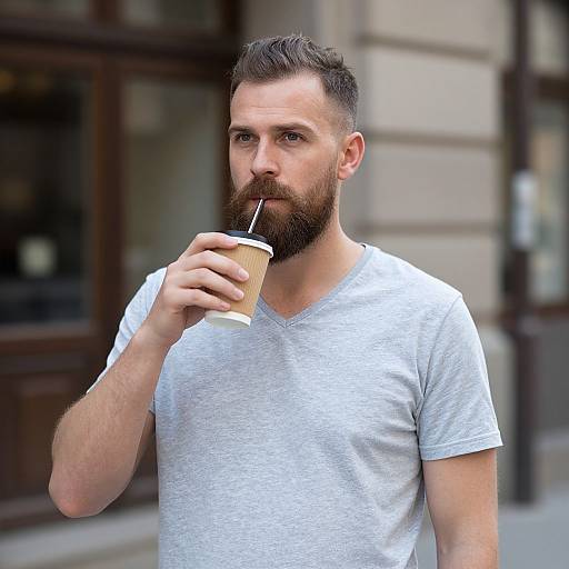 Photograph of a bearded man with short dark hair, wearing a light gray V-neck T-shirt, sipping from a paper cup with a straw