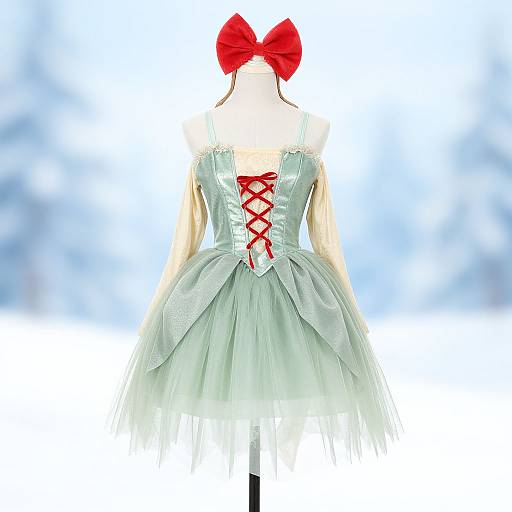 Photograph of a mannequin in a light green, sheer, corset-style dress with red lace-up back and large red bow, set against