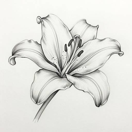 Black and white sketch of a detailed lily flower with six petals, visible stamens, and a textured, realistic style.