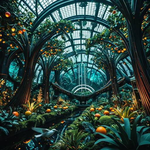 Futuristic Garden with Glowing Fruit Trees and Mechanical Birds