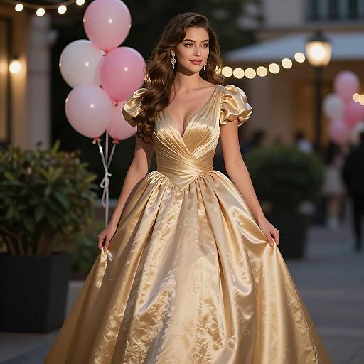 Young Woman in Elegant Golden Satin Ball Gown