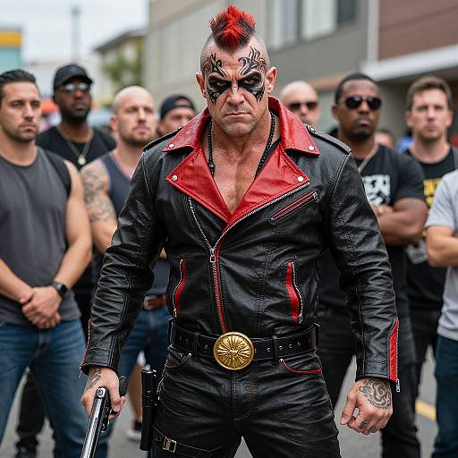 Photograph of a muscular, tattooed man with red mohawk, black leather jacket with red lining, holding a gun, surrounded by five men in