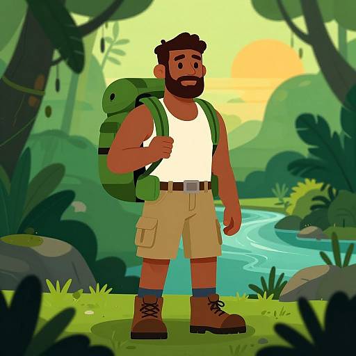 Cartoon-style illustration of a bearded, muscular man with tan skin, wearing a white tank top, beige shorts, brown boots, and a green