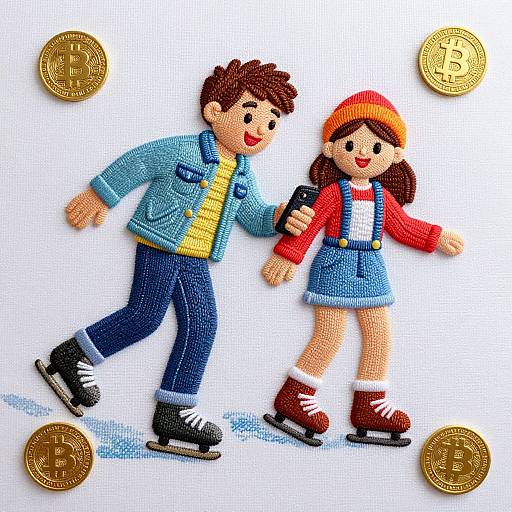 Colorful embroidered illustration of a smiling boy and girl ice skating, wearing winter clothes, holding hands, surrounded by gold coins.