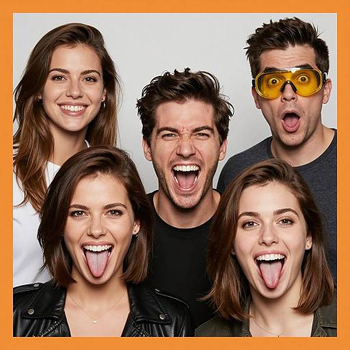 Group of five friends with expressive faces