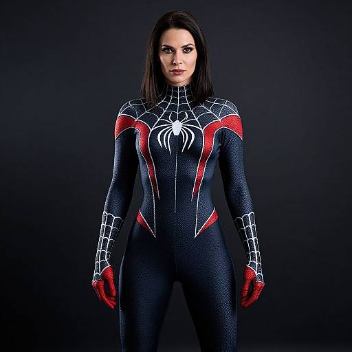 Photograph of a woman in a tight, black Spider-Man suit with red web patterns and white spider emblem, standing against a dark background. Red gloves