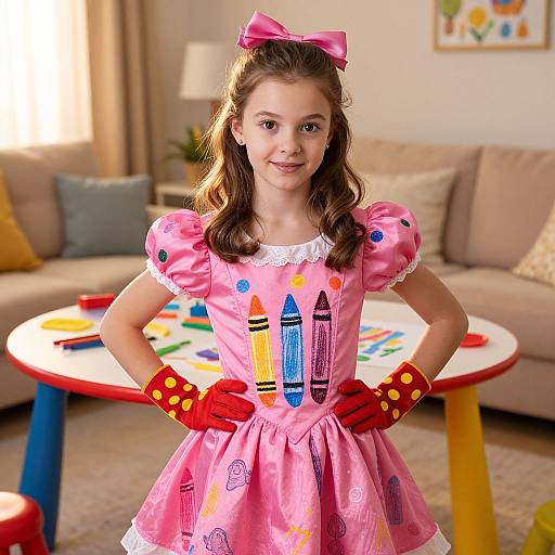 Photograph of a young girl with light brown hair, wearing a pink dress with crayon designs, red polka dot gloves, and a pink bow