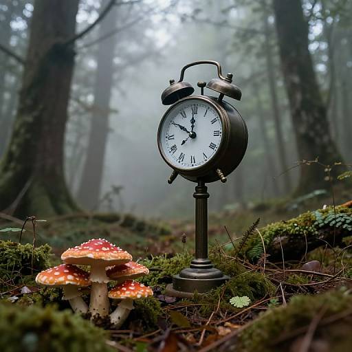 Photograph: Vintage black alarm clock with Roman numerals stands on mossy forest floor, beside red-spotted mushrooms in misty, foggy woods