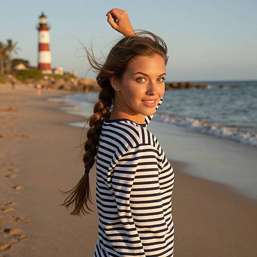 Photograph of a smiling young woman with long brown hair in a braid, wearing a black-and-white striped shirt, standing on a sunny beach with