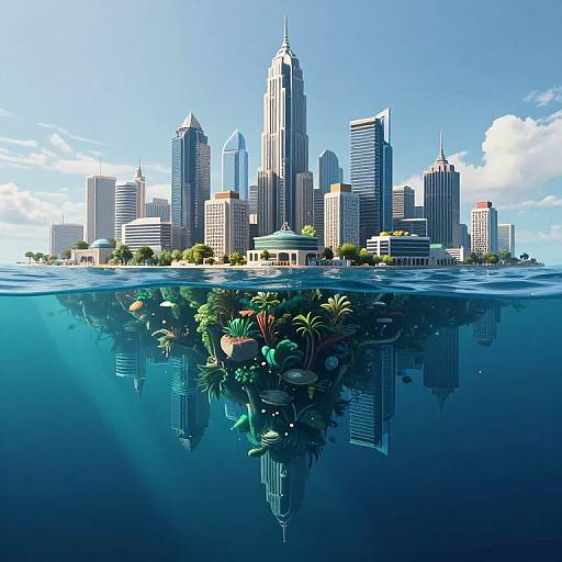 Digital artwork of a futuristic cityscape with skyscrapers above water, reflecting underwater coral reef and tropical plants below. Blue sky and ocean contrast.