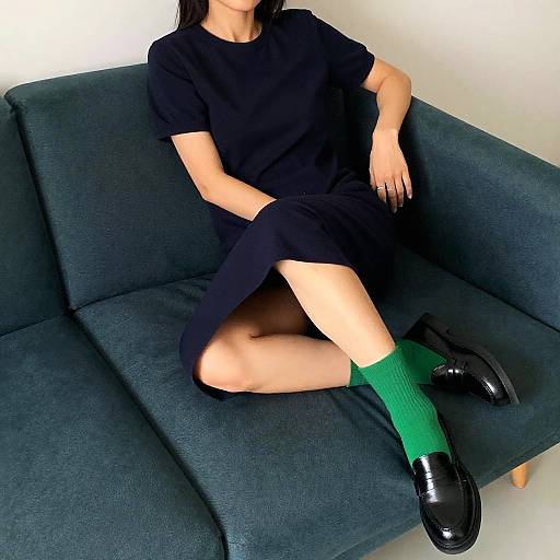 Elegant Woman on Dark Teal Sofa