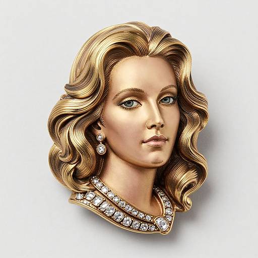 Digital illustration of a blonde woman with wavy hair, blue eyes, wearing a diamond necklace and matching earrings, against a white background.