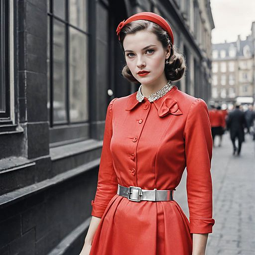 Vintage Woman in Red Dress and Beret