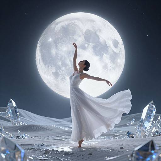 Silhouetted dancer in flowing white dress, arms raised, against bright full moon; surrounded by glowing crystal shards on a starry night.