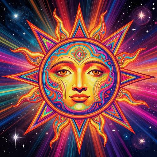 Vibrant digital illustration of a sun with a human face, colorful rays, and intricate patterns, set against a cosmic starry background.