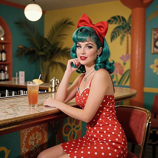 Vintage-style photograph of a woman with turquoise hair, red bow, red polka dot dress, sitting at a retro bar, sipping an orange drink
