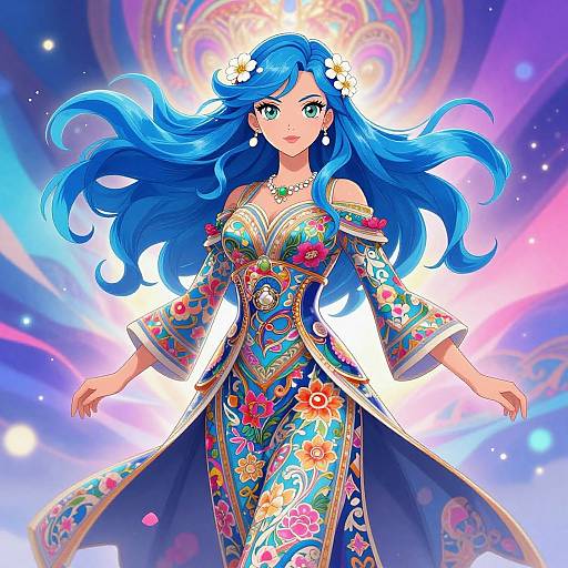 Elegant Woman with Blue Floral Hair