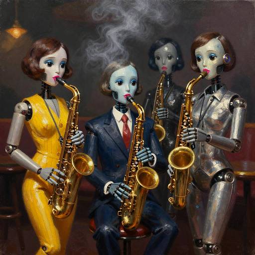 Digital artwork of four human-like dolls with metallic bodies, playing golden saxophones. Two dolls wear yellow and silver suits, one in a black suit