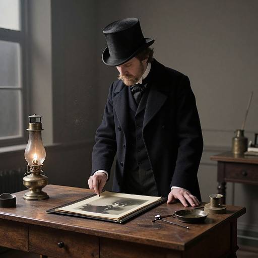 Victorian-era man in black suit and top hat, writing in a book by lantern-lit wooden desk, dimly lit room. Photograph.