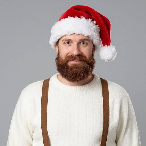 Photograph of a bearded man with a red Santa hat, white sweater, brown suspenders, smiling against a plain gray background.
