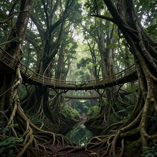 Photograph of a dense, lush forest with towering trees, intricate root systems, and a narrow, suspended wooden bridge connecting the trees.
